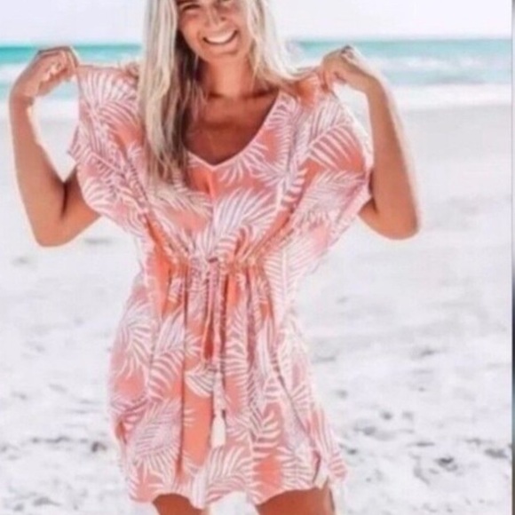 Cleobella Swim Coverup Dreamy Sun-set Kaftan One Size Tropical Coral Palm - Picture 1 of 7